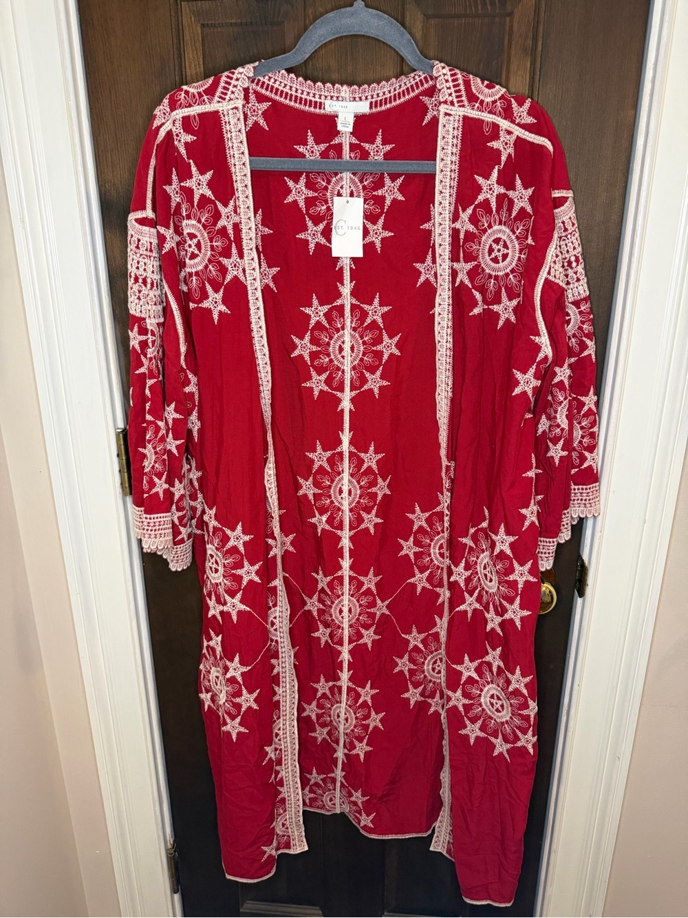 NWT Est. 1946 Red Cream Embroidered Boho Kimono Duster Cardigan L